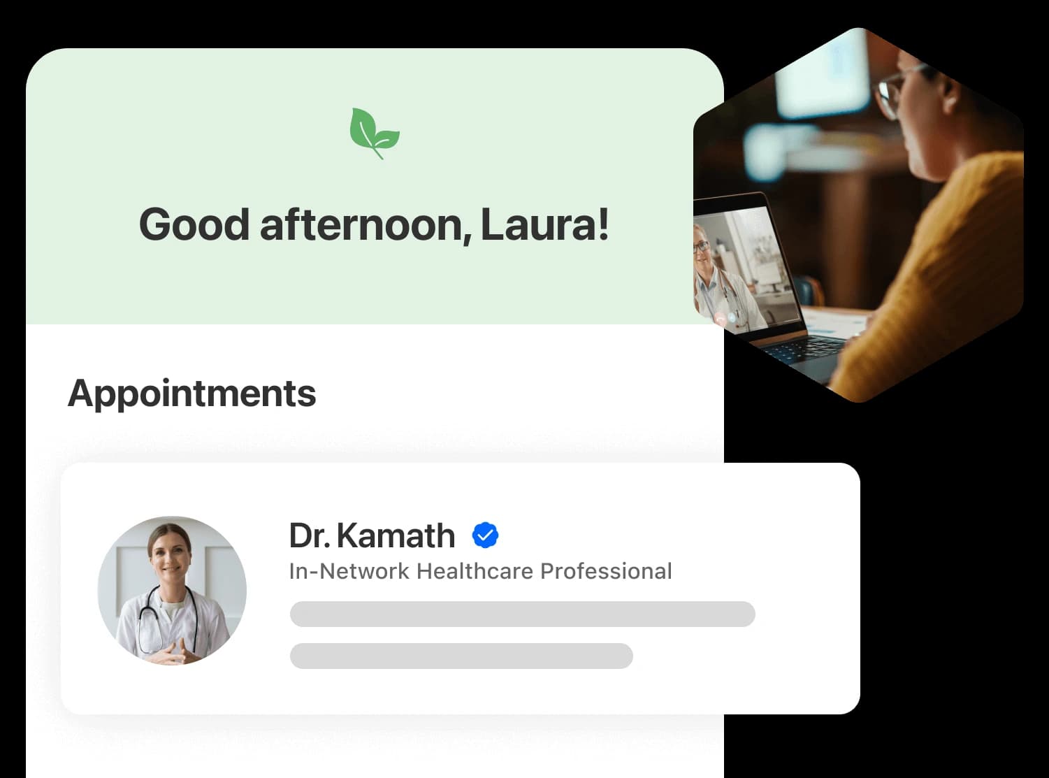 Illustration of the elements of a Telehealth API, including a screenshot of a customer appointment screen on a phone