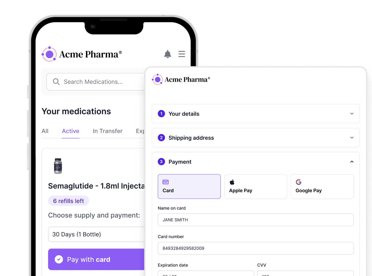 Illustration of the elements of a Pharmacy API, including a screenshot of a pharmacy dashboard and order management system
