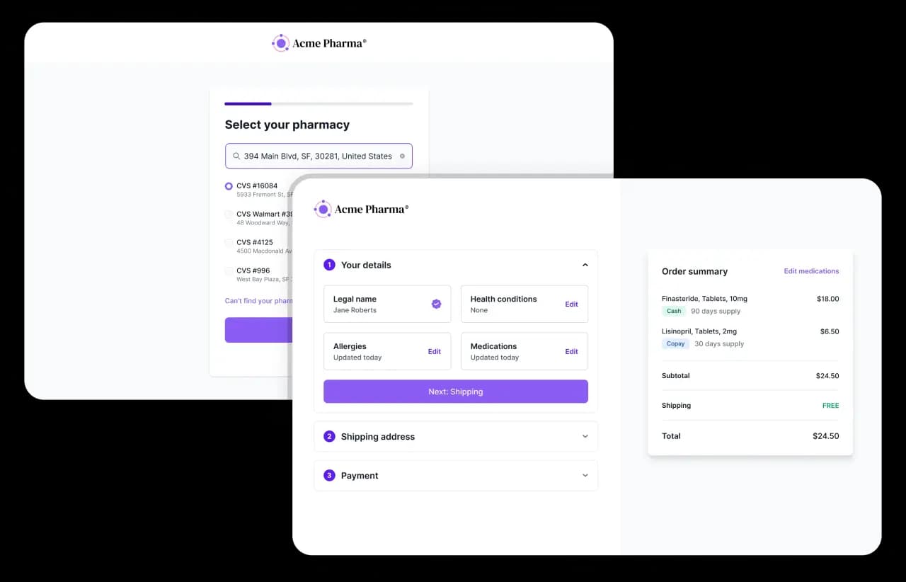 Double-screenshots of a patient's journey to transferring their medications to our system